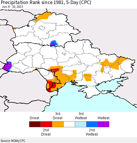 Ukraine, Moldova and Belarus Precipitation Rank since 1981, 5-Day (CPC) Thematic Map For 6/6/2023 - 6/10/2023