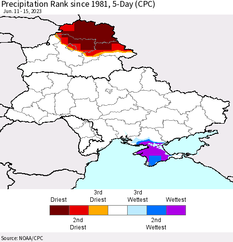 Ukraine, Moldova and Belarus Precipitation Rank since 1981, 5-Day (CPC) Thematic Map For 6/11/2023 - 6/15/2023