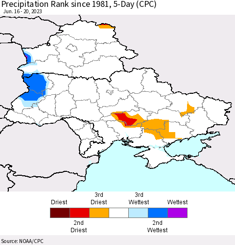 Ukraine, Moldova and Belarus Precipitation Rank since 1981, 5-Day (CPC) Thematic Map For 6/16/2023 - 6/20/2023