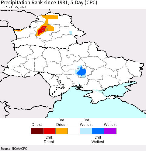 Ukraine, Moldova and Belarus Precipitation Rank since 1981, 5-Day (CPC) Thematic Map For 6/21/2023 - 6/25/2023