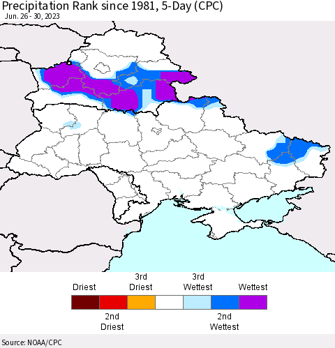Ukraine, Moldova and Belarus Precipitation Rank since 1981, 5-Day (CPC) Thematic Map For 6/26/2023 - 6/30/2023