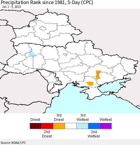 Ukraine, Moldova and Belarus Precipitation Rank since 1981, 5-Day (CPC) Thematic Map For 7/1/2023 - 7/5/2023