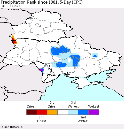 Ukraine, Moldova and Belarus Precipitation Rank since 1981, 5-Day (CPC) Thematic Map For 7/6/2023 - 7/10/2023