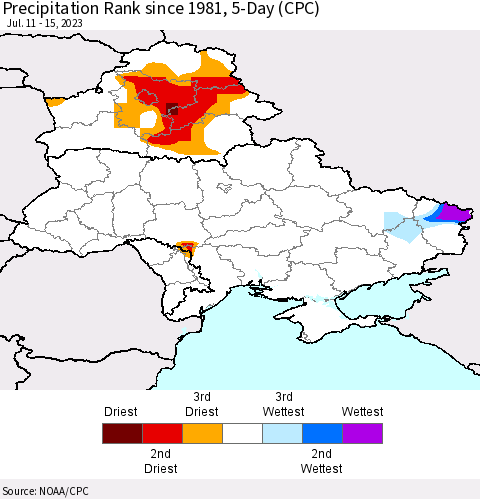 Ukraine, Moldova and Belarus Precipitation Rank since 1981, 5-Day (CPC) Thematic Map For 7/11/2023 - 7/15/2023