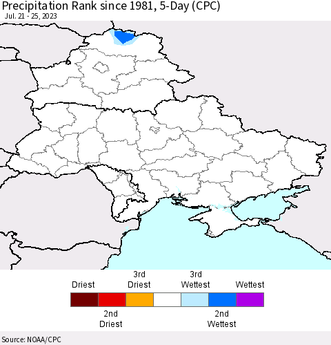 Ukraine, Moldova and Belarus Precipitation Rank since 1981, 5-Day (CPC) Thematic Map For 7/21/2023 - 7/25/2023