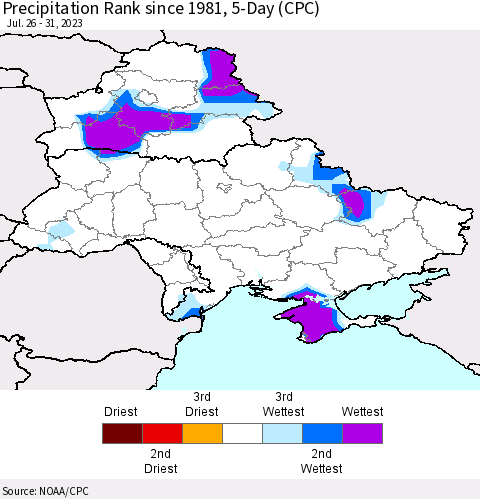 Ukraine, Moldova and Belarus Precipitation Rank since 1981, 5-Day (CPC) Thematic Map For 7/26/2023 - 7/31/2023