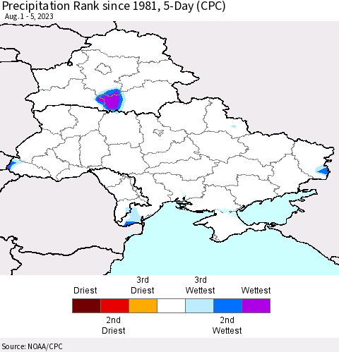 Ukraine, Moldova and Belarus Precipitation Rank since 1981, 5-Day (CPC) Thematic Map For 8/1/2023 - 8/5/2023
