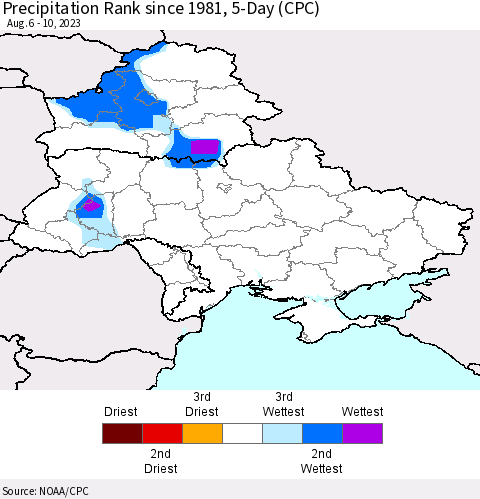 Ukraine, Moldova and Belarus Precipitation Rank since 1981, 5-Day (CPC) Thematic Map For 8/6/2023 - 8/10/2023
