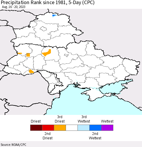 Ukraine, Moldova and Belarus Precipitation Rank since 1981, 5-Day (CPC) Thematic Map For 8/16/2023 - 8/20/2023