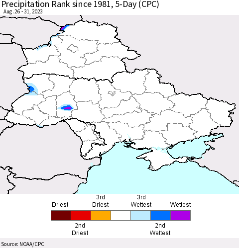 Ukraine, Moldova and Belarus Precipitation Rank since 1981, 5-Day (CPC) Thematic Map For 8/26/2023 - 8/31/2023