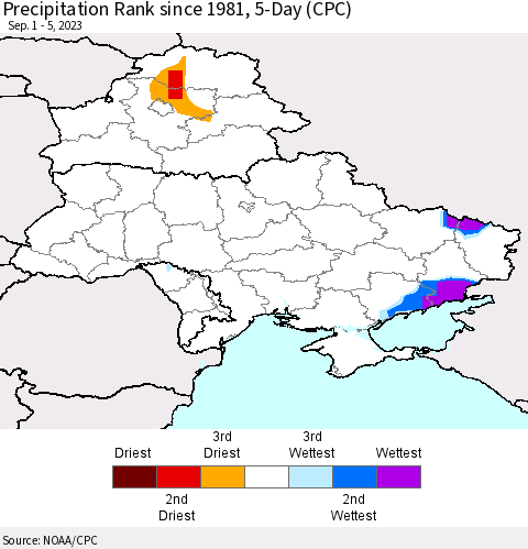 Ukraine, Moldova and Belarus Precipitation Rank since 1981, 5-Day (CPC) Thematic Map For 9/1/2023 - 9/5/2023