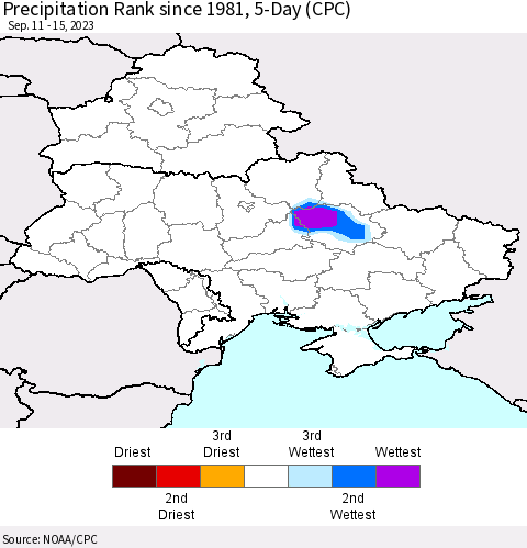 Ukraine, Moldova and Belarus Precipitation Rank since 1981, 5-Day (CPC) Thematic Map For 9/11/2023 - 9/15/2023