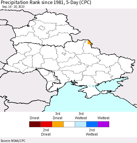 Ukraine, Moldova and Belarus Precipitation Rank since 1981, 5-Day (CPC) Thematic Map For 9/16/2023 - 9/20/2023