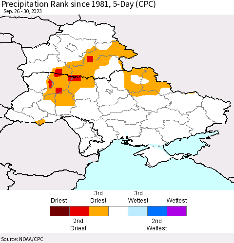 Ukraine, Moldova and Belarus Precipitation Rank since 1981, 5-Day (CPC) Thematic Map For 9/26/2023 - 9/30/2023