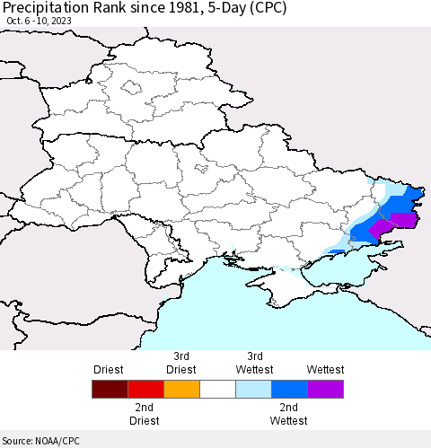 Ukraine, Moldova and Belarus Precipitation Rank since 1981, 5-Day (CPC) Thematic Map For 10/6/2023 - 10/10/2023