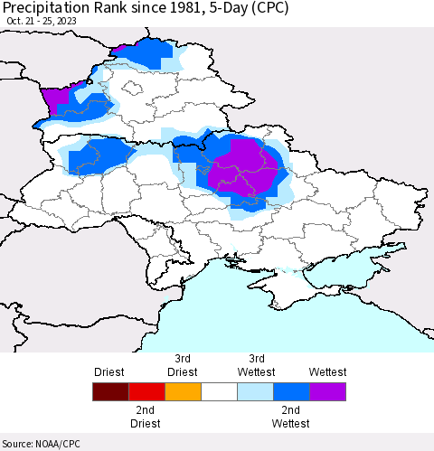 Ukraine, Moldova and Belarus Precipitation Rank since 1981, 5-Day (CPC) Thematic Map For 10/21/2023 - 10/25/2023