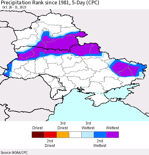 Ukraine, Moldova and Belarus Precipitation Rank since 1981, 5-Day (CPC) Thematic Map For 10/26/2023 - 10/31/2023