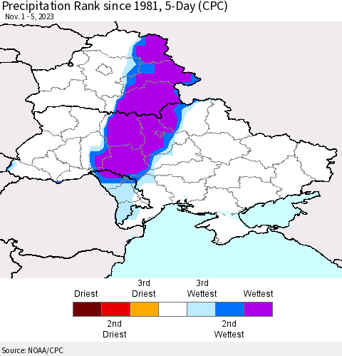 Ukraine, Moldova and Belarus Precipitation Rank since 1981, 5-Day (CPC) Thematic Map For 11/1/2023 - 11/5/2023