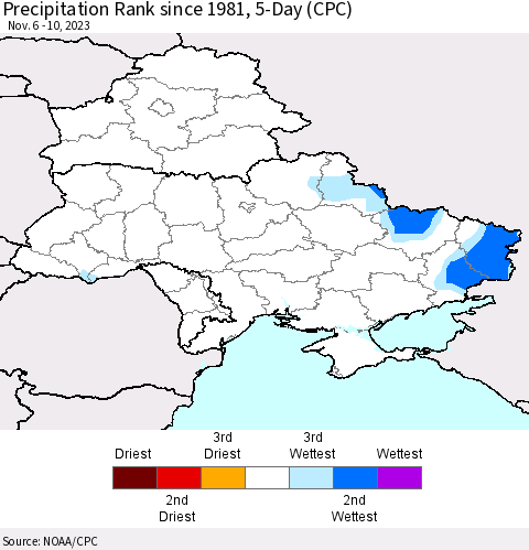 Ukraine, Moldova and Belarus Precipitation Rank since 1981, 5-Day (CPC) Thematic Map For 11/6/2023 - 11/10/2023