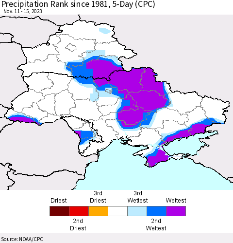 Ukraine, Moldova and Belarus Precipitation Rank since 1981, 5-Day (CPC) Thematic Map For 11/11/2023 - 11/15/2023