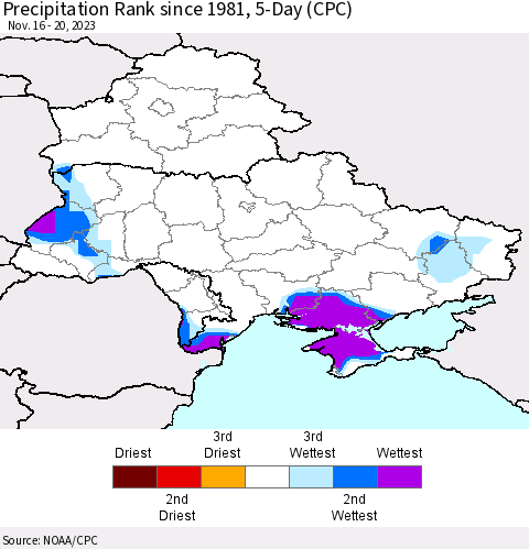 Ukraine, Moldova and Belarus Precipitation Rank since 1981, 5-Day (CPC) Thematic Map For 11/16/2023 - 11/20/2023