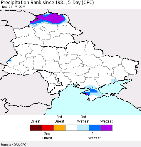 Ukraine, Moldova and Belarus Precipitation Rank since 1981, 5-Day (CPC) Thematic Map For 11/21/2023 - 11/25/2023