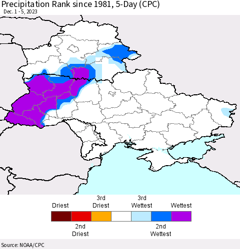 Ukraine, Moldova and Belarus Precipitation Rank since 1981, 5-Day (CPC) Thematic Map For 12/1/2023 - 12/5/2023