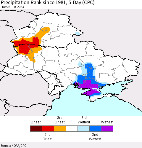 Ukraine, Moldova and Belarus Precipitation Rank since 1981, 5-Day (CPC) Thematic Map For 12/6/2023 - 12/10/2023