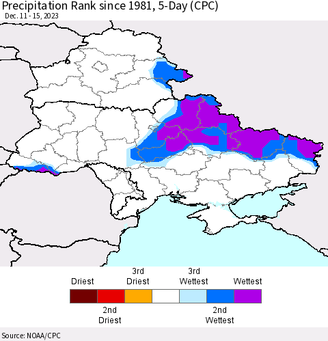 Ukraine, Moldova and Belarus Precipitation Rank since 1981, 5-Day (CPC) Thematic Map For 12/11/2023 - 12/15/2023