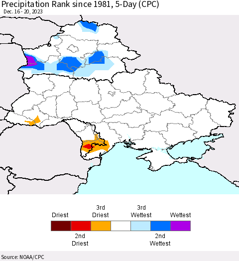 Ukraine, Moldova and Belarus Precipitation Rank since 1981, 5-Day (CPC) Thematic Map For 12/16/2023 - 12/20/2023