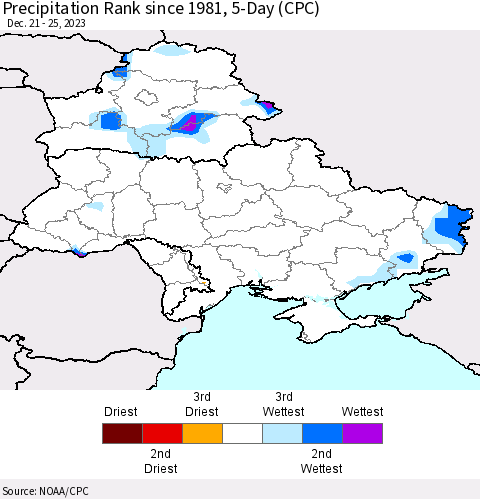 Ukraine, Moldova and Belarus Precipitation Rank since 1981, 5-Day (CPC) Thematic Map For 12/21/2023 - 12/25/2023