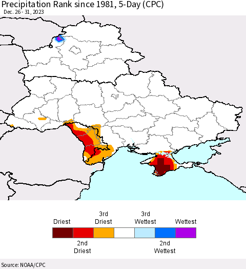 Ukraine, Moldova and Belarus Precipitation Rank since 1981, 5-Day (CPC) Thematic Map For 12/26/2023 - 12/31/2023