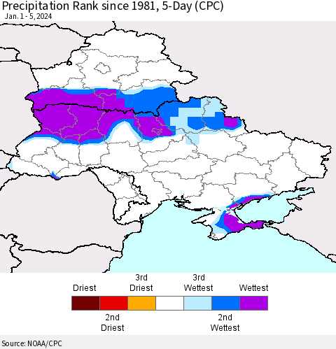 Ukraine, Moldova and Belarus Precipitation Rank since 1981, 5-Day (CPC) Thematic Map For 1/1/2024 - 1/5/2024