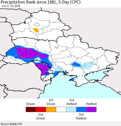 Ukraine, Moldova and Belarus Precipitation Rank since 1981, 5-Day (CPC) Thematic Map For 1/6/2024 - 1/10/2024