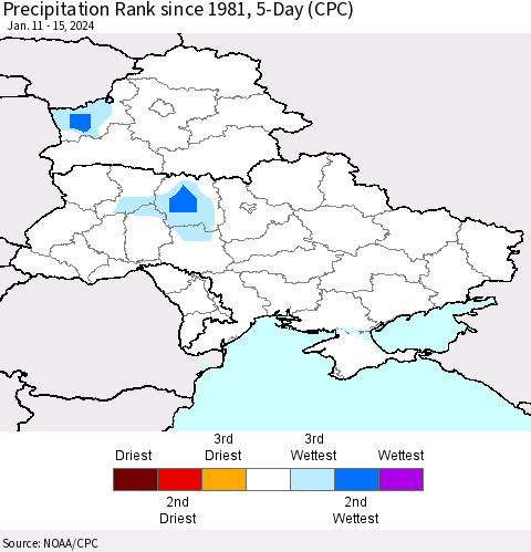 Ukraine, Moldova and Belarus Precipitation Rank since 1981, 5-Day (CPC) Thematic Map For 1/11/2024 - 1/15/2024