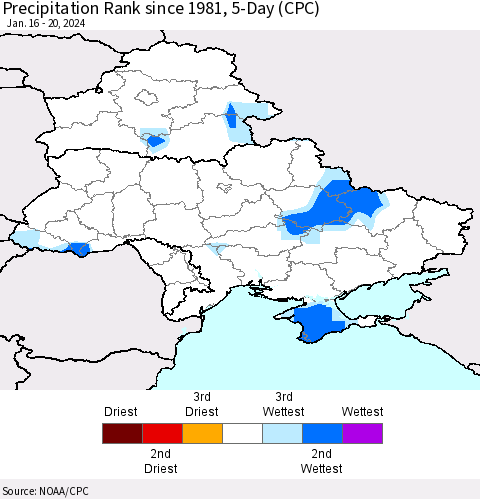 Ukraine, Moldova and Belarus Precipitation Rank since 1981, 5-Day (CPC) Thematic Map For 1/16/2024 - 1/20/2024