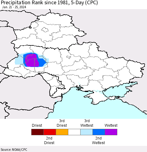 Ukraine, Moldova and Belarus Precipitation Rank since 1981, 5-Day (CPC) Thematic Map For 1/21/2024 - 1/25/2024