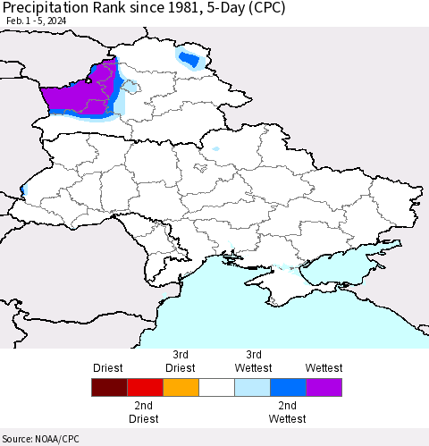 Ukraine, Moldova and Belarus Precipitation Rank since 1981, 5-Day (CPC) Thematic Map For 2/1/2024 - 2/5/2024