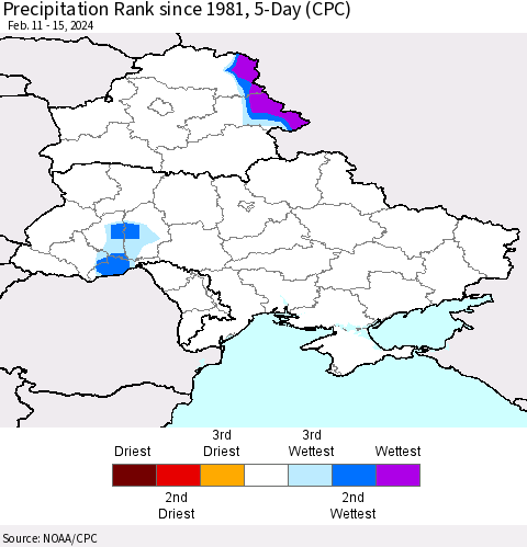 Ukraine, Moldova and Belarus Precipitation Rank since 1981, 5-Day (CPC) Thematic Map For 2/11/2024 - 2/15/2024