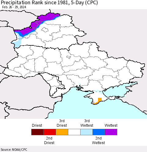 Ukraine, Moldova and Belarus Precipitation Rank since 1981, 5-Day (CPC) Thematic Map For 2/26/2024 - 2/29/2024