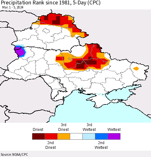 Ukraine, Moldova and Belarus Precipitation Rank since 1981, 5-Day (CPC) Thematic Map For 3/1/2024 - 3/5/2024