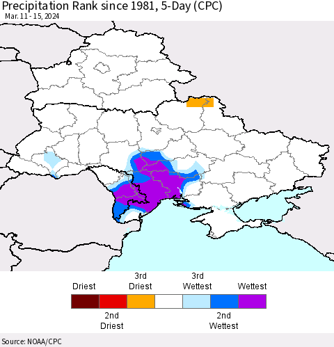 Ukraine, Moldova and Belarus Precipitation Rank since 1981, 5-Day (CPC) Thematic Map For 3/11/2024 - 3/15/2024