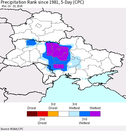 Ukraine, Moldova and Belarus Precipitation Rank since 1981, 5-Day (CPC) Thematic Map For 3/16/2024 - 3/20/2024