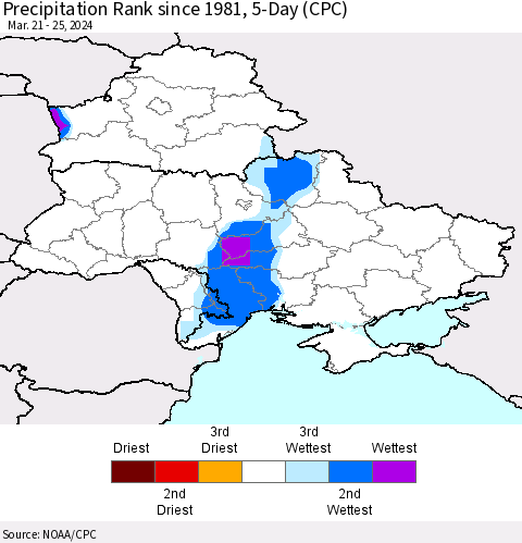 Ukraine, Moldova and Belarus Precipitation Rank since 1981, 5-Day (CPC) Thematic Map For 3/21/2024 - 3/25/2024