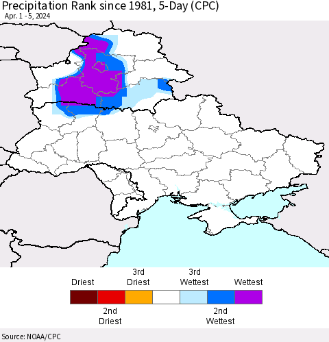 Ukraine, Moldova and Belarus Precipitation Rank since 1981, 5-Day (CPC) Thematic Map For 4/1/2024 - 4/5/2024
