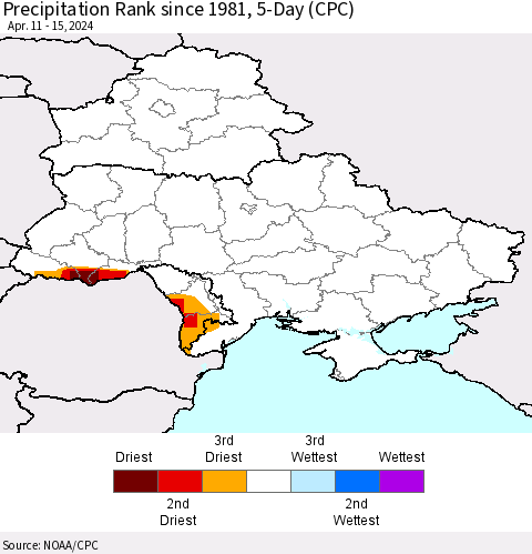 Ukraine, Moldova and Belarus Precipitation Rank since 1981, 5-Day (CPC) Thematic Map For 4/11/2024 - 4/15/2024