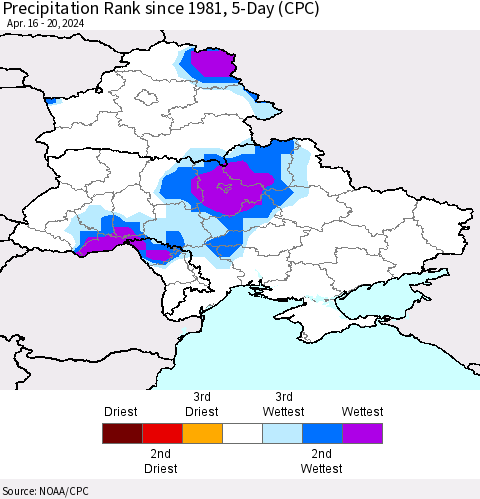 Ukraine, Moldova and Belarus Precipitation Rank since 1981, 5-Day (CPC) Thematic Map For 4/16/2024 - 4/20/2024