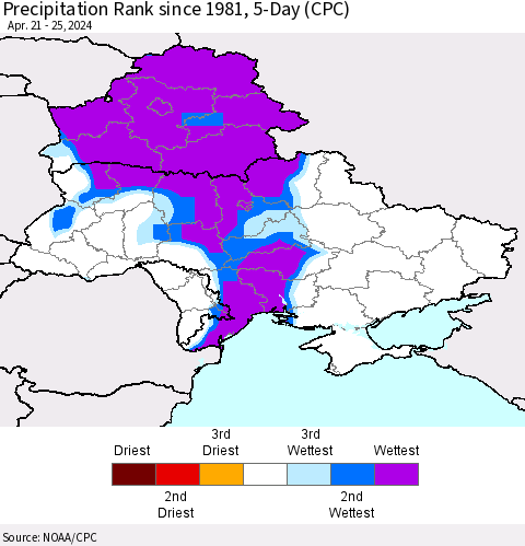Ukraine, Moldova and Belarus Precipitation Rank since 1981, 5-Day (CPC) Thematic Map For 4/21/2024 - 4/25/2024