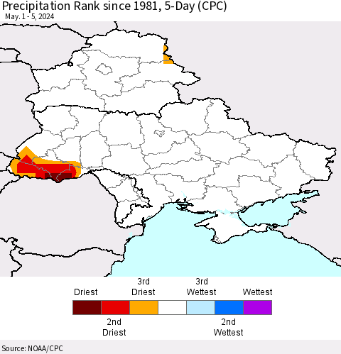 Ukraine, Moldova and Belarus Precipitation Rank since 1981, 5-Day (CPC) Thematic Map For 5/1/2024 - 5/5/2024