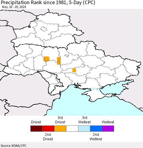 Ukraine, Moldova and Belarus Precipitation Rank since 1981, 5-Day (CPC) Thematic Map For 5/16/2024 - 5/20/2024